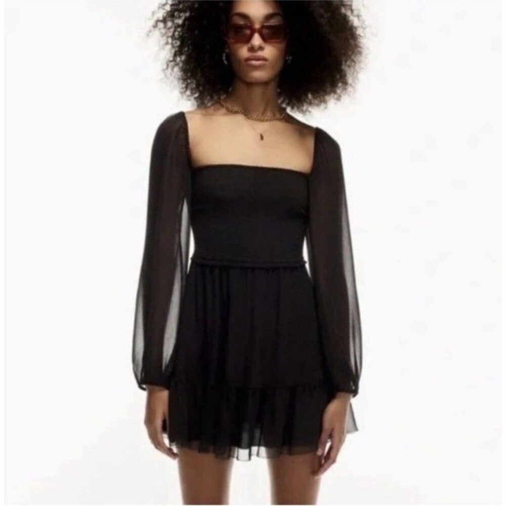 Aritzia Wilfred Tempest Mini Dress Black Smocked Chiffon Square Neck Small